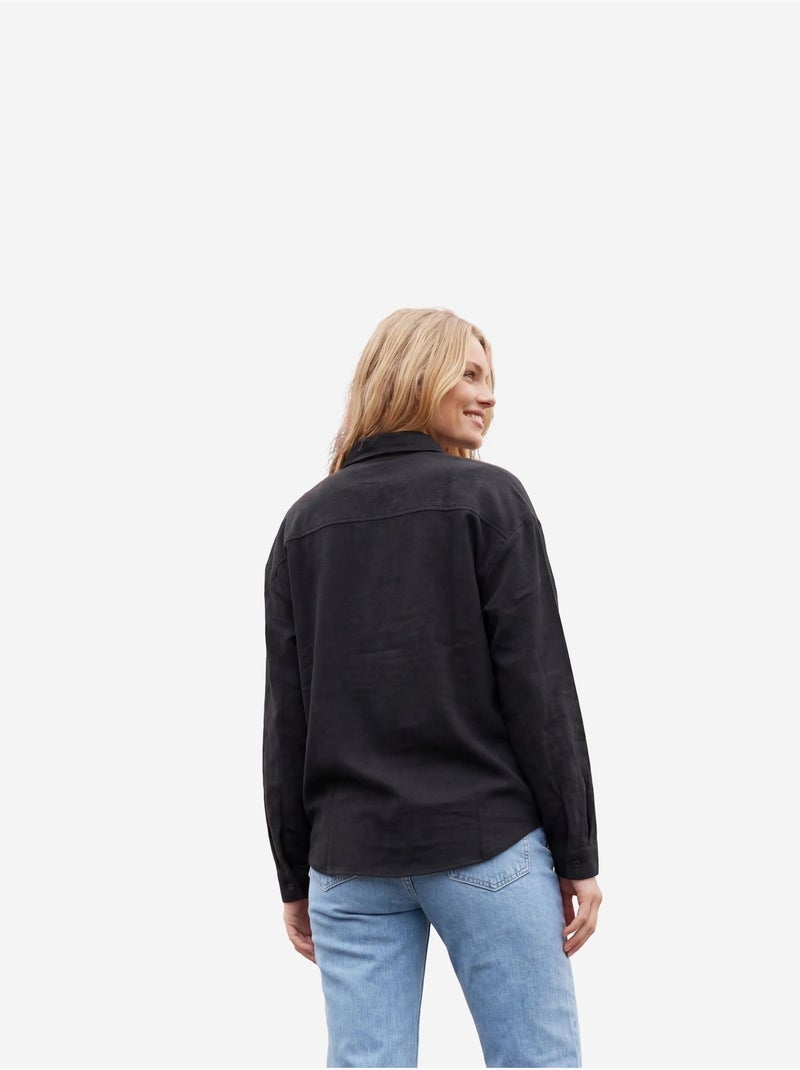 Camisa casual abotoada em mistura de linho com bolso my fashion Preto - Kiabi