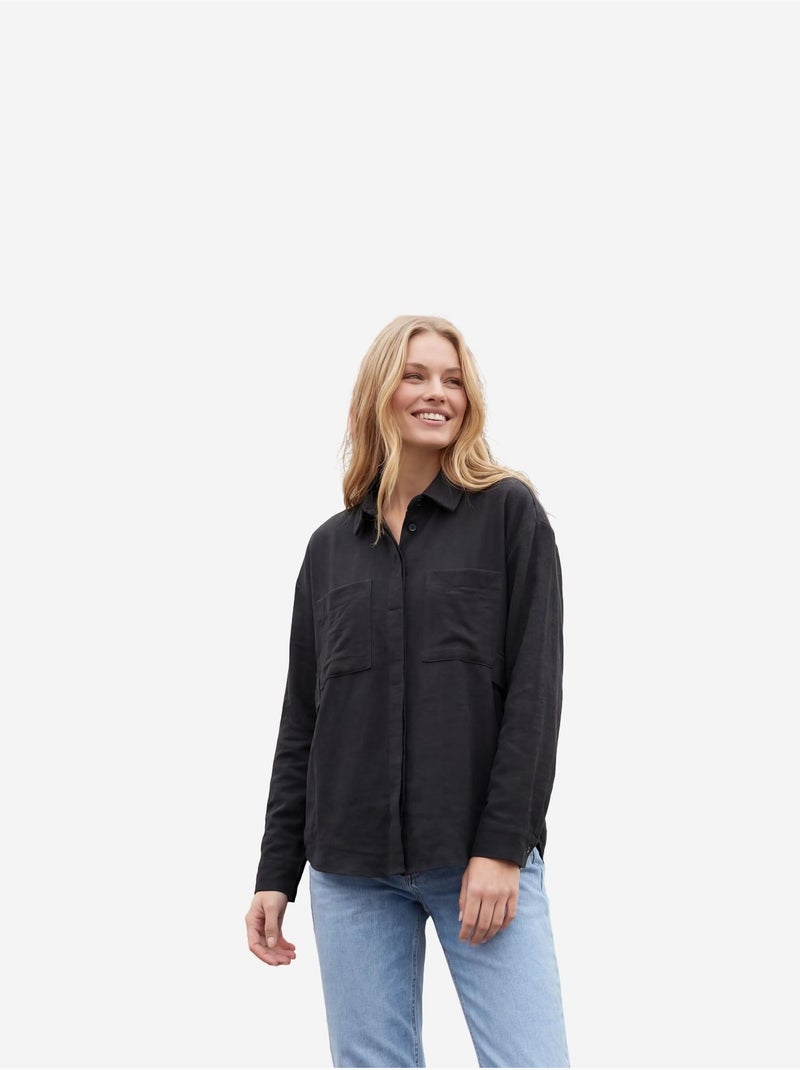 Camisa casual abotoada em mistura de linho com bolso my fashion Preto - Kiabi