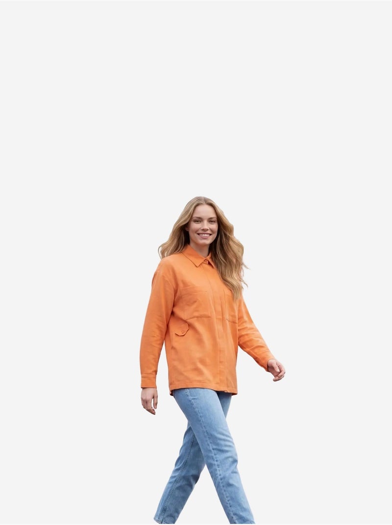 Camisa casual abotoada em mistura de linho com bolso my fashion Vermelho tijolo - Kiabi