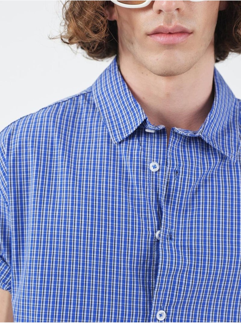 Camisa casual aos quadrados com botões e mangas curtas giesto Azul-elétrico - Kiabi