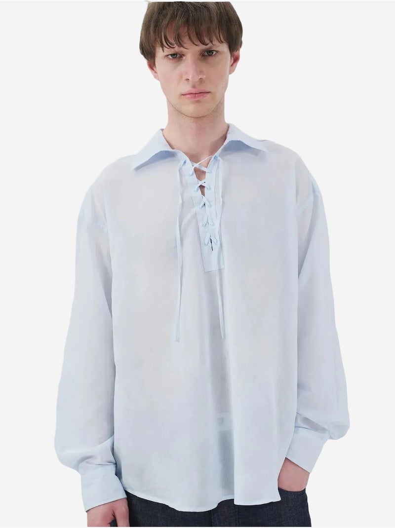 Camisa casual de manga comprida de corte descontraído com detalhe de nó giesto Azul-pastel - Kiabi
