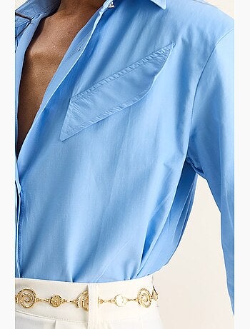 Camisa casual de popelina de manga comprida com botões e bolso lucci