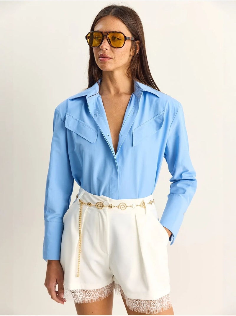 Camisa casual de popelina de manga comprida com botões e bolso lucci Azul claro - Kiabi