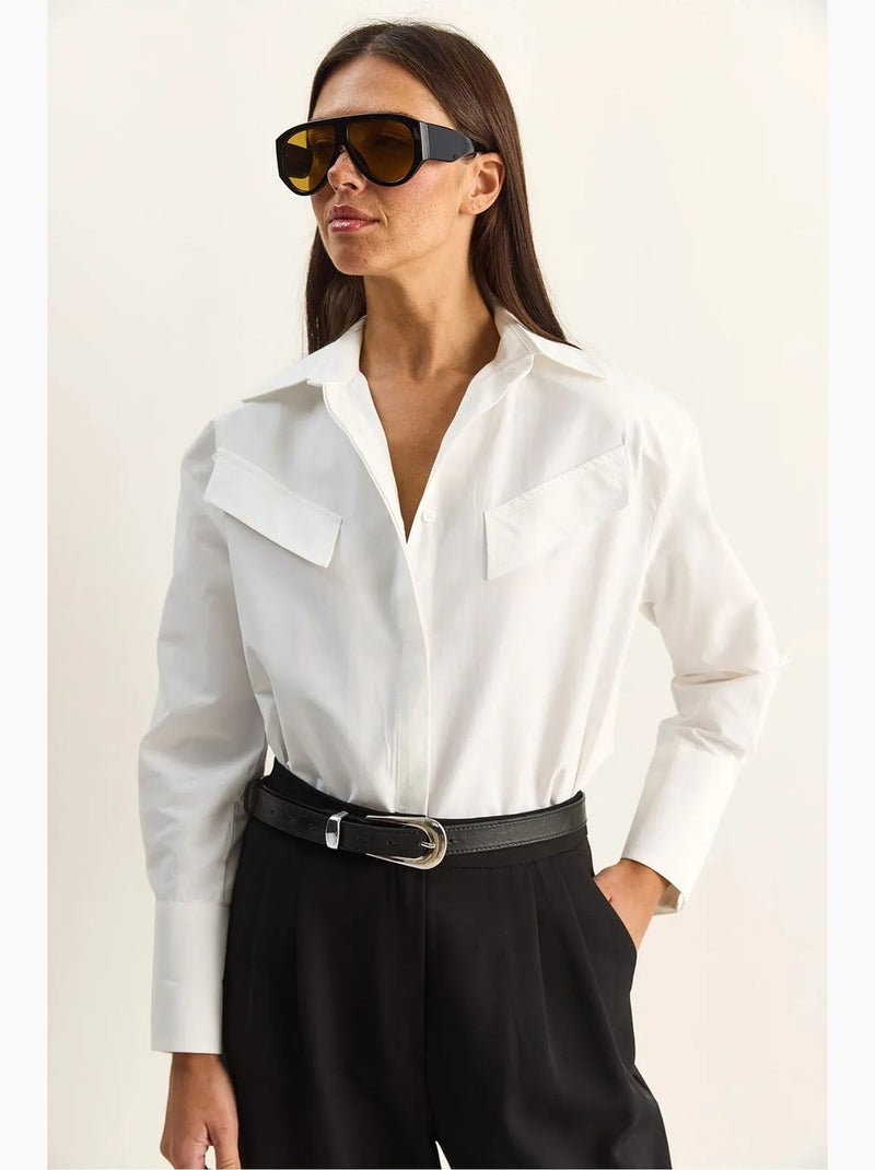 Camisa casual de popelina de manga comprida com botões e bolso lucci Branco - Kiabi