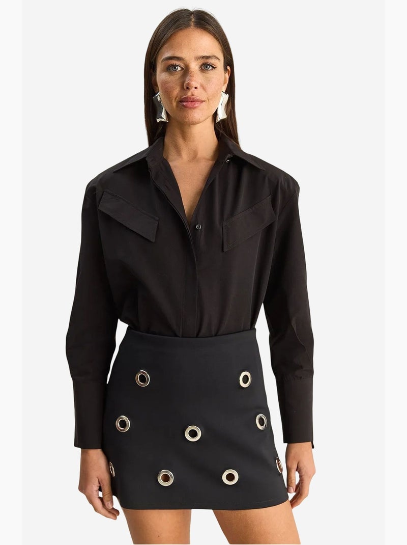 Camisa casual de popelina de manga comprida com botões e bolso lucci Preto - Kiabi