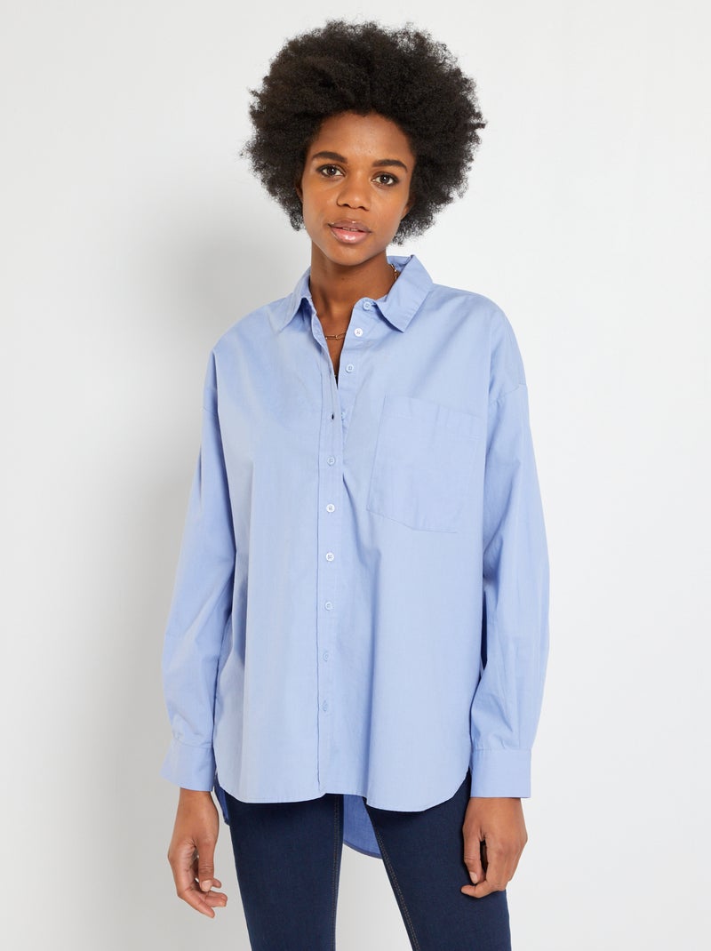 Camisa cintada em popelina AZUL - Kiabi