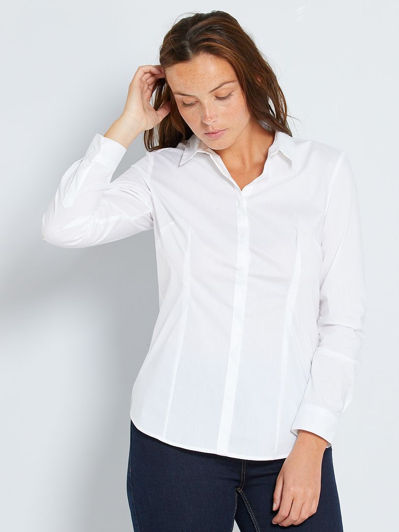 Camisa cintada em popelina elástica Branco - Kiabi