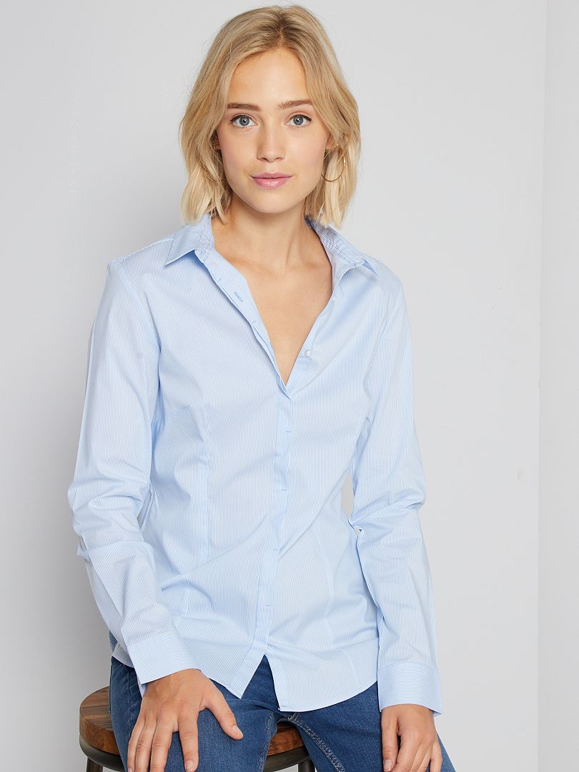 Camisa cintada em popelina elástica Listrado Azul - Kiabi