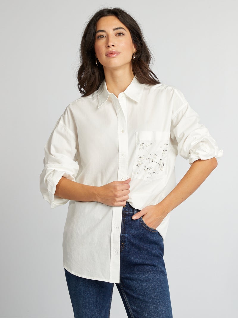 Camisa com bolsos frontais com pérolas Branco - Kiabi