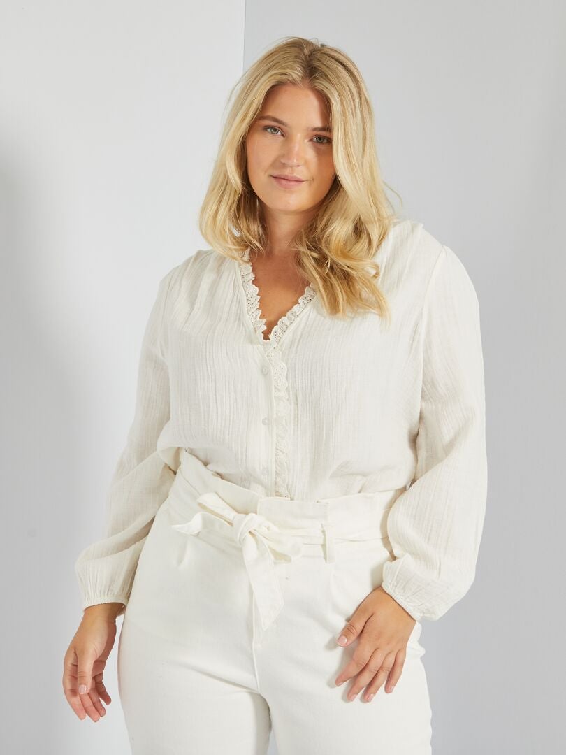 Camisa com bordado em gaze de algodão Branco - Kiabi