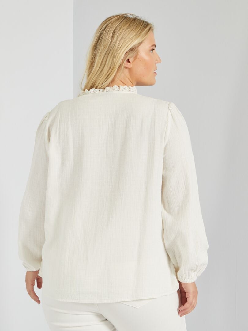 Camisa com bordado em gaze de algodão Branco - Kiabi
