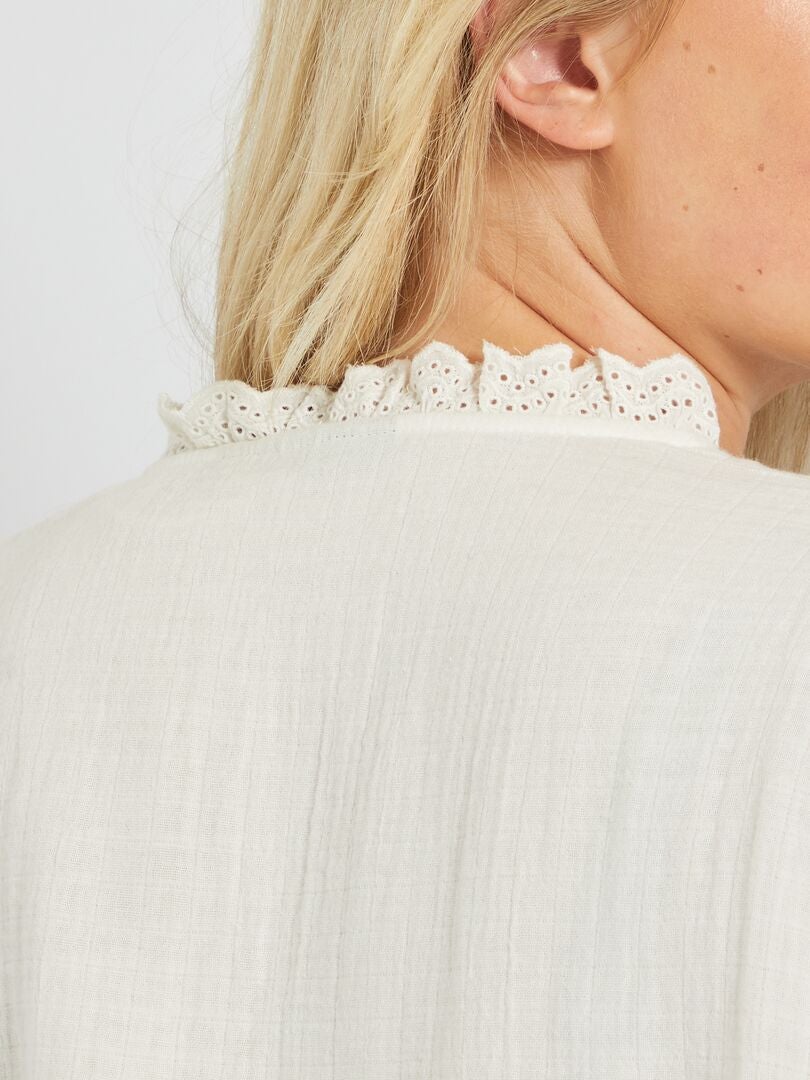 Camisa com bordado em gaze de algodão Branco - Kiabi