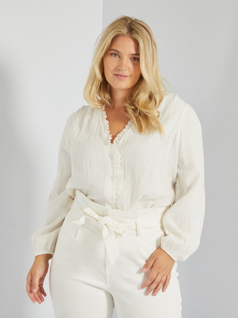 Camisa com bordado em gaze de algodão Branco - Kiabi