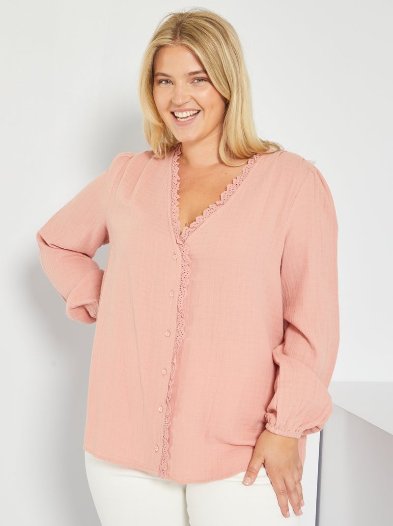 Camisa com bordado em gaze de algodão Rosa - Kiabi