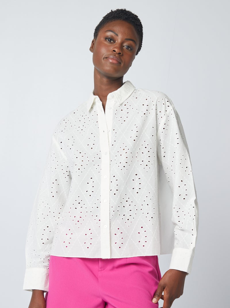 Camisa com bordado inglês BEGE - Kiabi