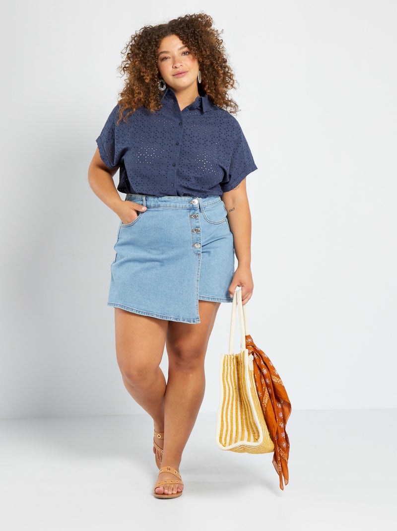 Camisa com bordado inglês de manga curta Azul Escuro - Kiabi
