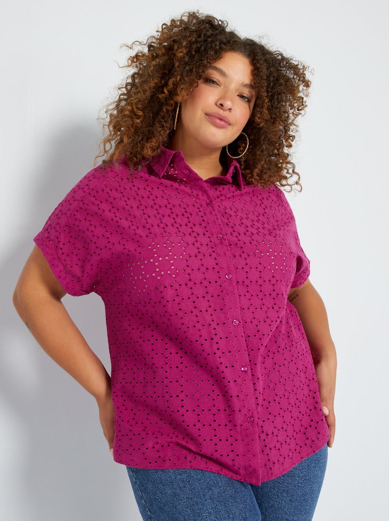 Camisa com bordado inglês de manga curta Fuxia - Kiabi