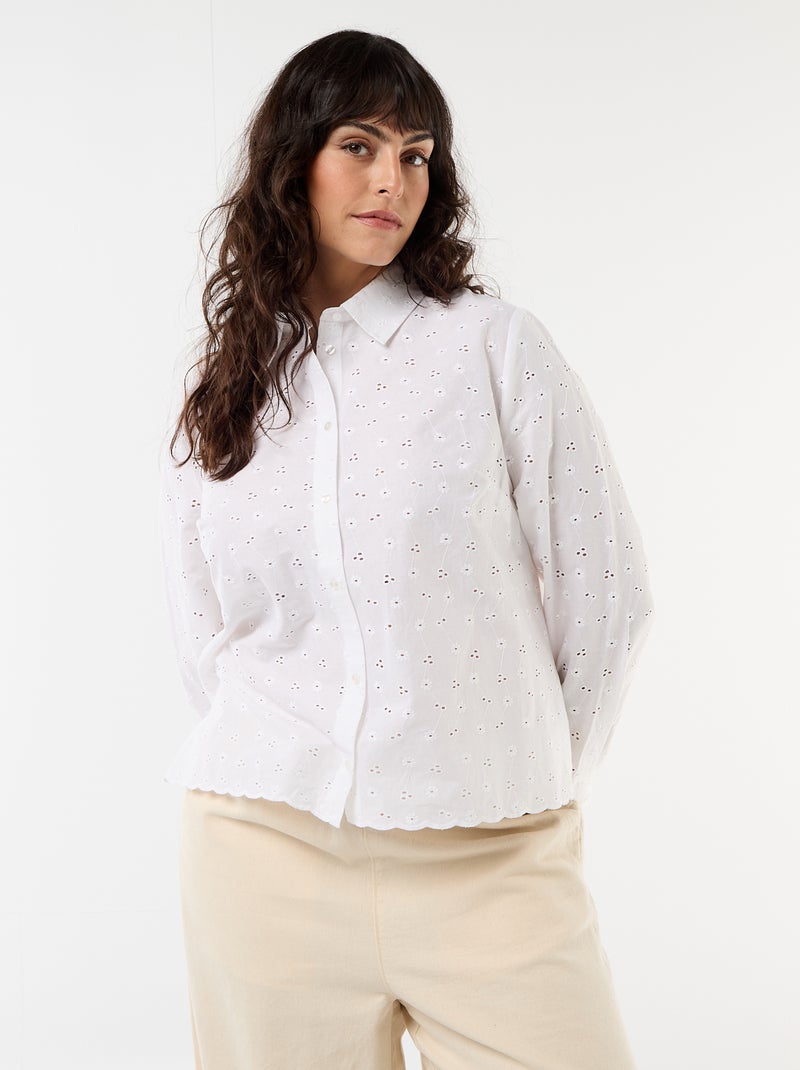 Camisa com bordado inglês e detalhes ondulados Branco - Kiabi