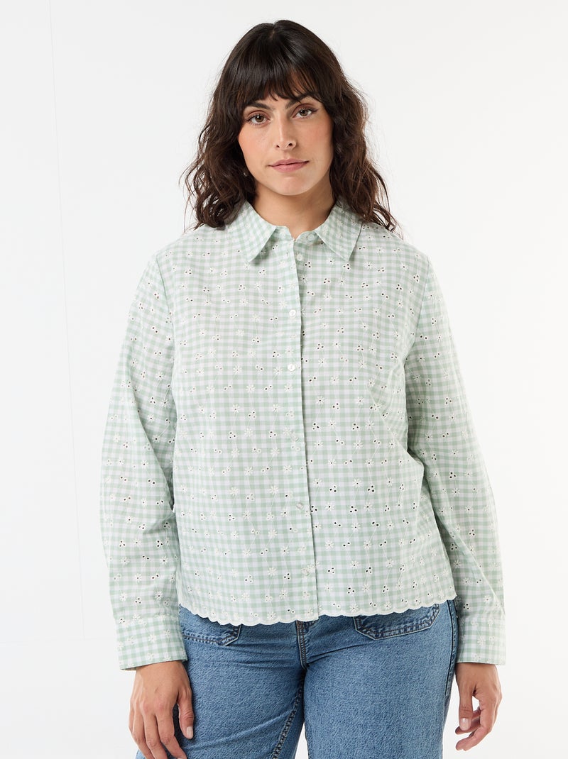 Camisa com bordado inglês e detalhes ondulados Verde - Kiabi