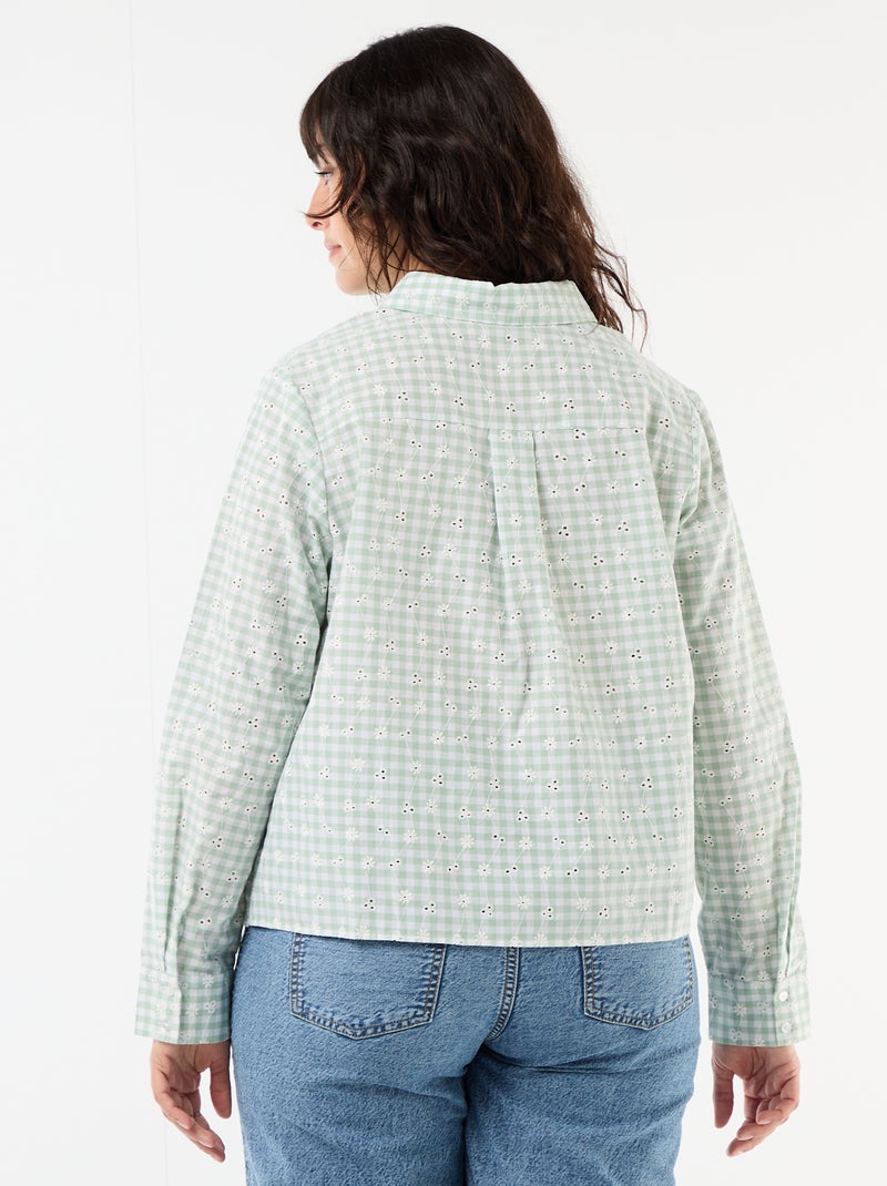 Camisa com bordado inglês e detalhes ondulados Verde - Kiabi