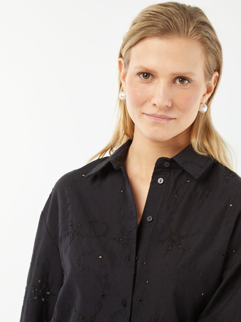 Camisa com bordado inglês Preto - Kiabi