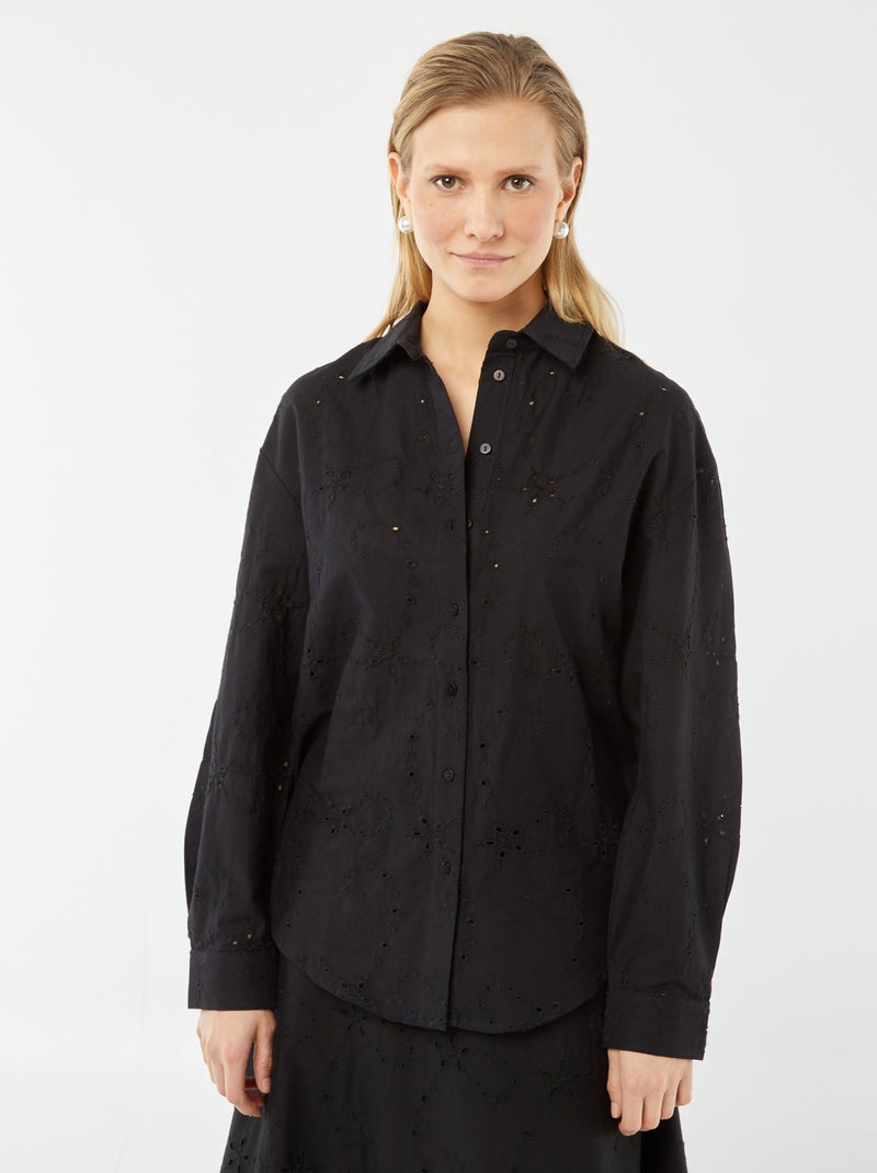 Camisa com bordado inglês Preto - Kiabi