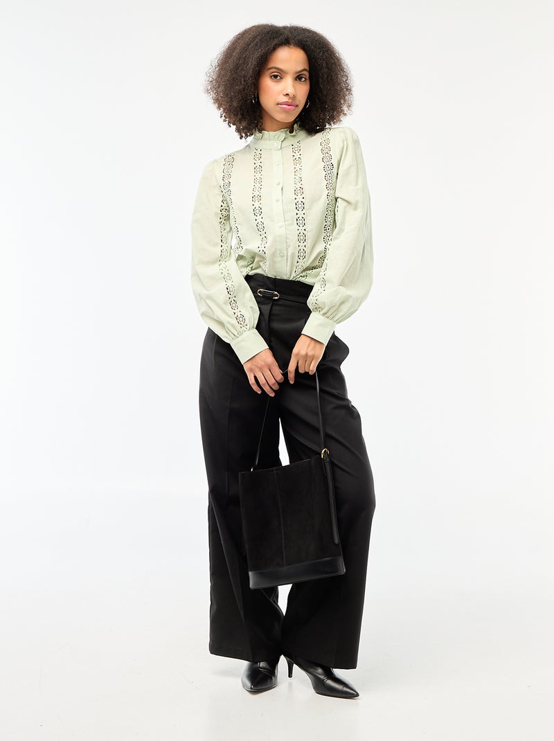 Camisa com bordados ingleses e folhos na gola Verde - Kiabi