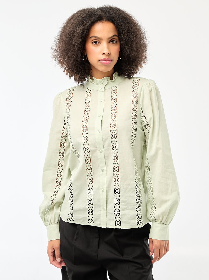 Camisa com bordados ingleses e folhos na gola Verde - Kiabi