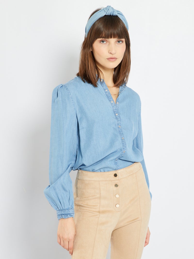 Camisa com colarinho com folhos AZUL - Kiabi
