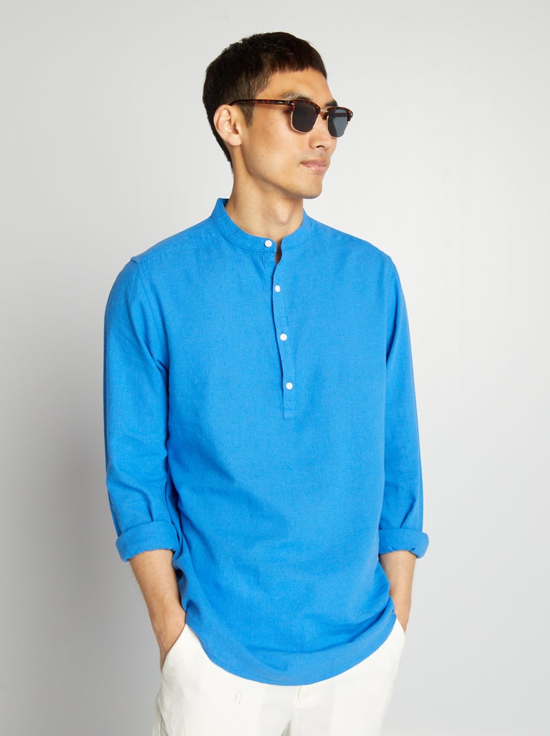 Camisa com corte a direito com gola mao de linho misturado AZUL - Kiabi