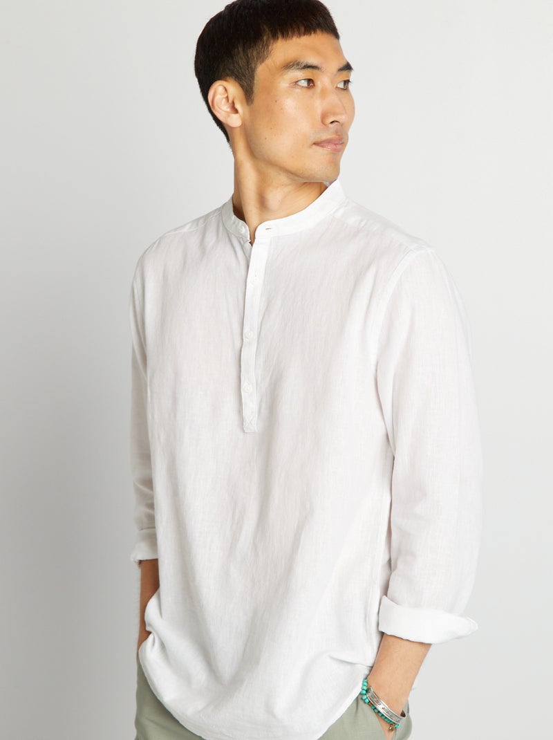 Camisa com corte a direito com gola mao de linho misturado Branco - Kiabi