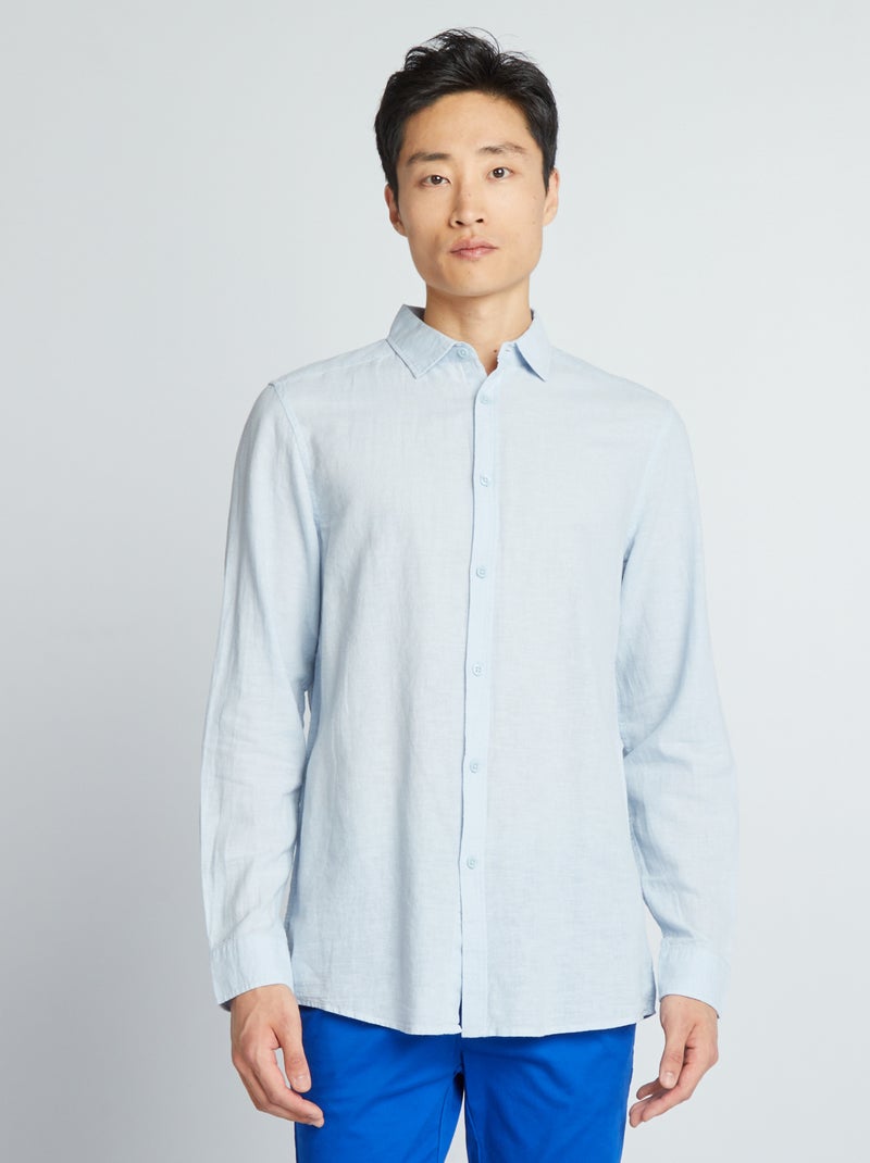 Camisa com corte direito de linho e algodão AZUL - Kiabi