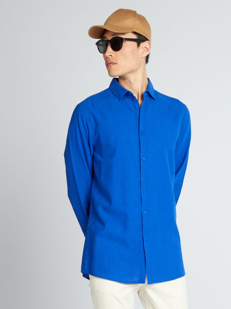 Camisa com corte direito de linho e algodão Azul - Kiabi