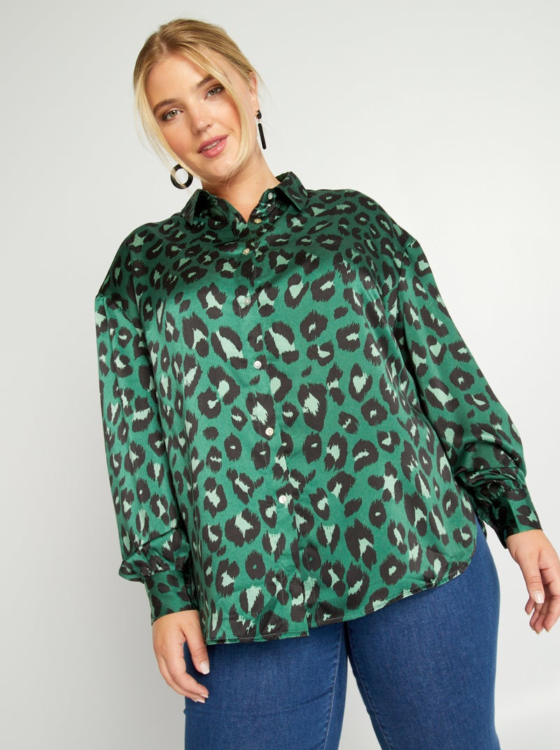 Camisa com efeito acetinado com colarinho italiano VERDE - Kiabi