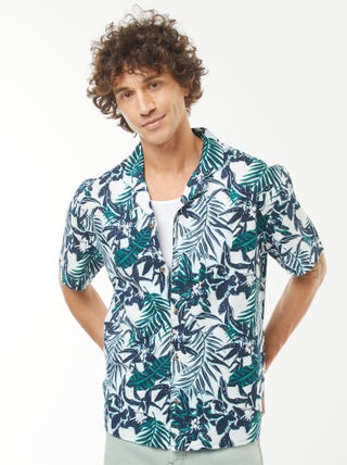 Camisa com estampado de manga curta em linho misturado