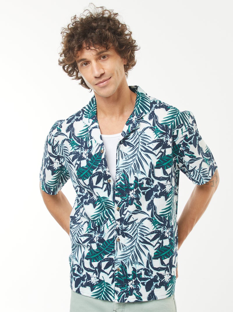Camisa com estampado de manga curta em linho misturado Azul - Kiabi