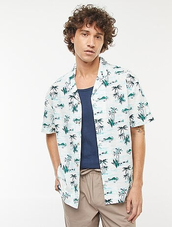 Camisa com estampado de manga curta em linho misturado