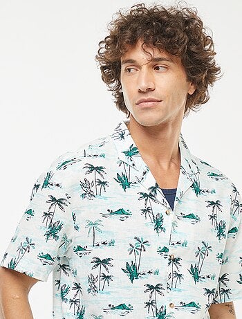 Camisa com estampado de manga curta em linho misturado