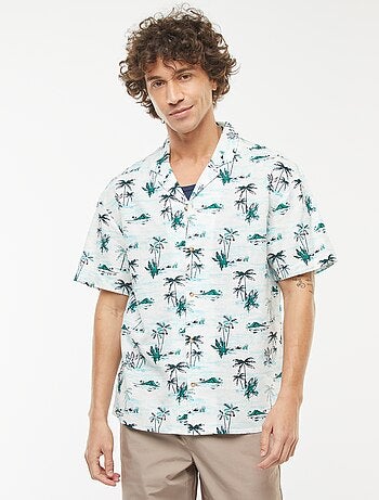 Camisa com estampado de manga curta em linho misturado