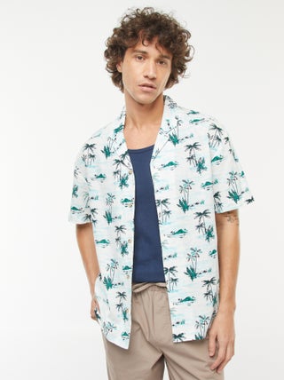 Camisa com estampado de manga curta em linho misturado