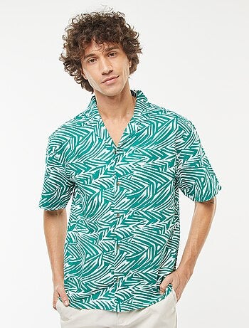 Camisa com estampado de manga curta em linho misturado