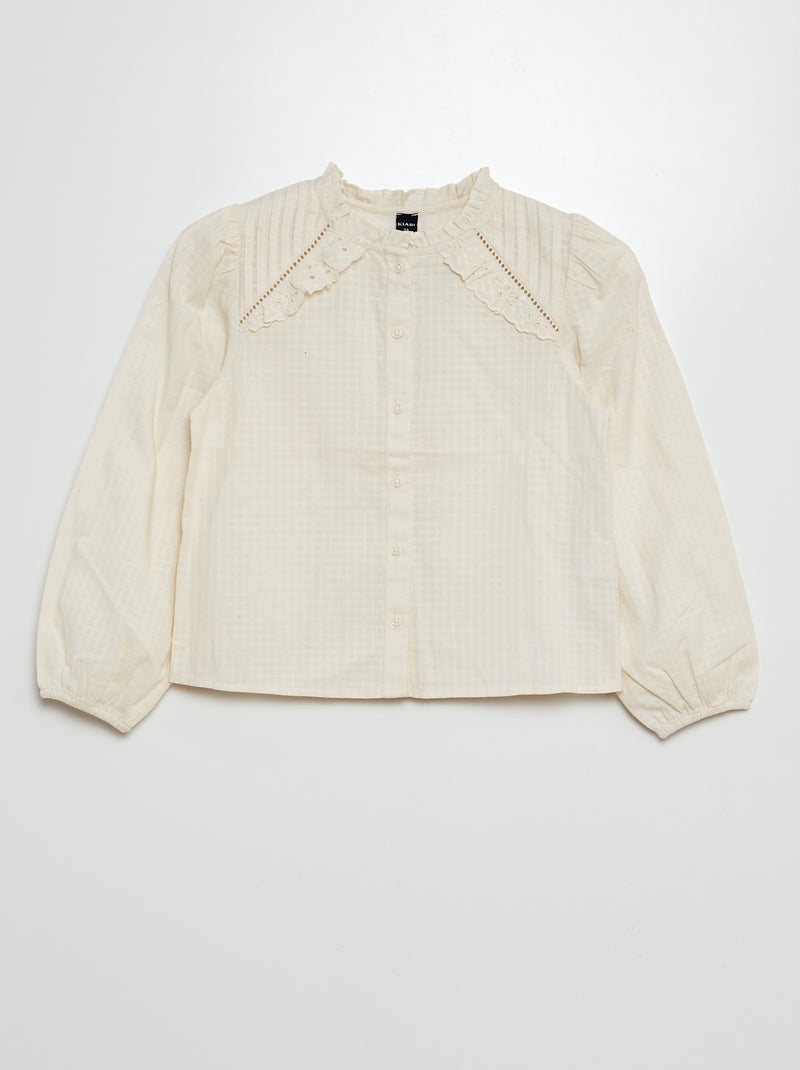 Camisa com folhos e bordados BRANCO - Kiabi