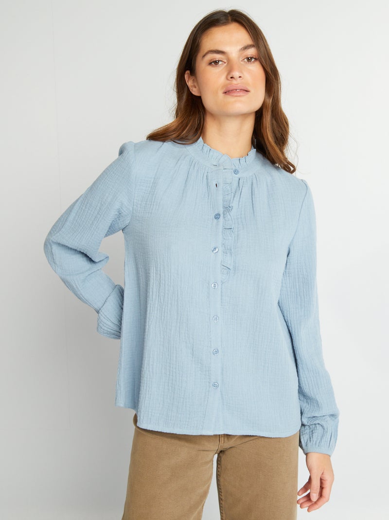Camisa com folhos em gaze dupla de algodão AZUL - Kiabi