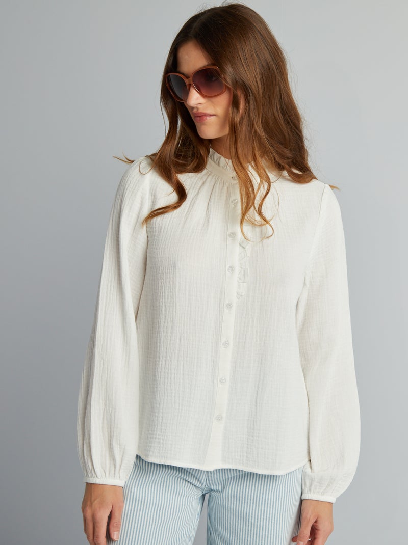 Camisa com folhos em gaze dupla de algodão Branco - Kiabi