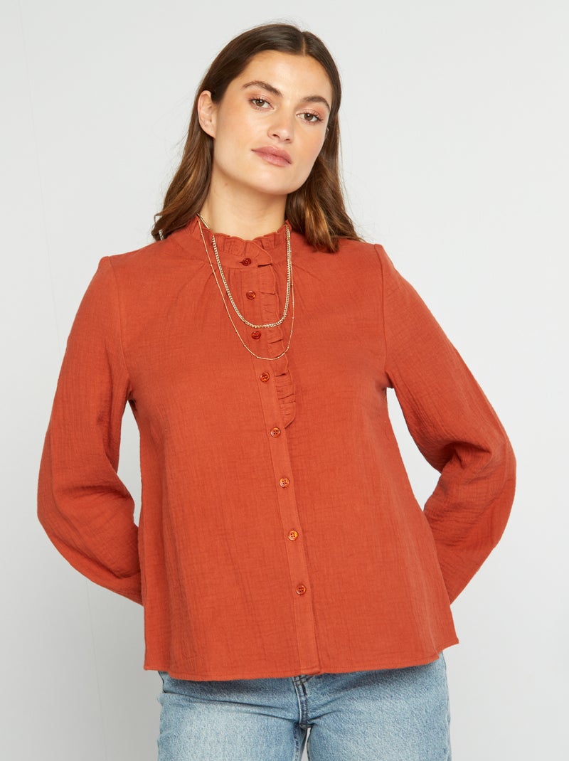 Camisa com folhos em gaze dupla de algodão CASTANHO - Kiabi