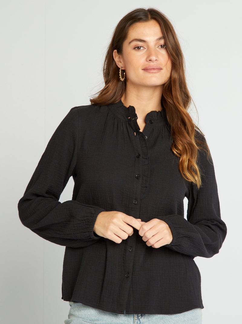 Camisa com folhos em gaze dupla de algodão Preto - Kiabi