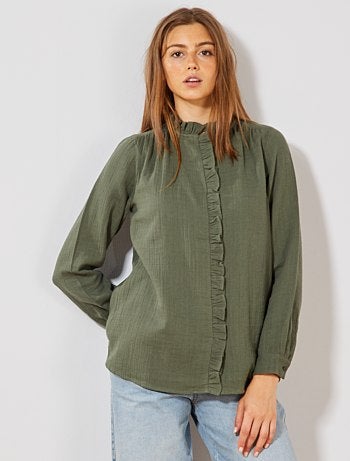 Camisa com folhos em puro algodão - Kiabi