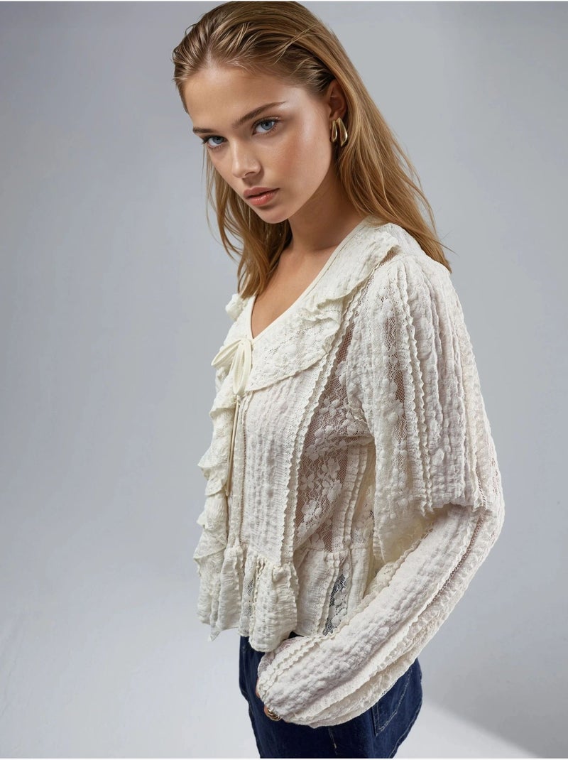 Camisa com folhos em renda, decote em v e laço busem Bege-argila - Kiabi