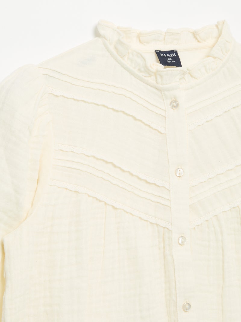 Camisa com gola com folhos e bordados Bege - Kiabi