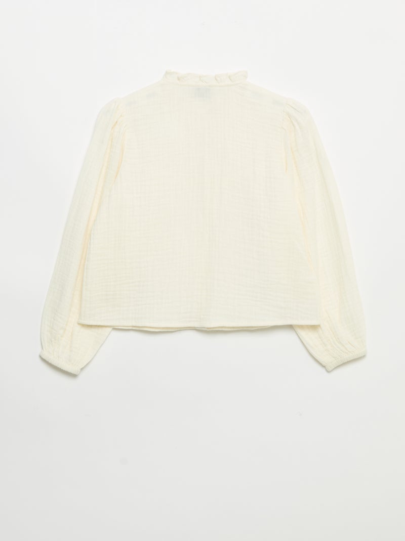 Camisa com gola com folhos e bordados Bege - Kiabi